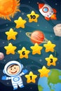 Space. Cosmonaut, rocket, sun, moon. Write the missing numbers. Worksheet for kindergarten and preschool